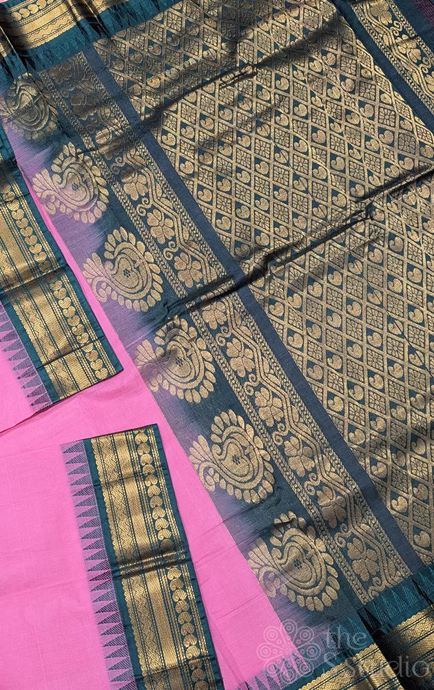 Pink gadwal cotton saree with dark green temple border