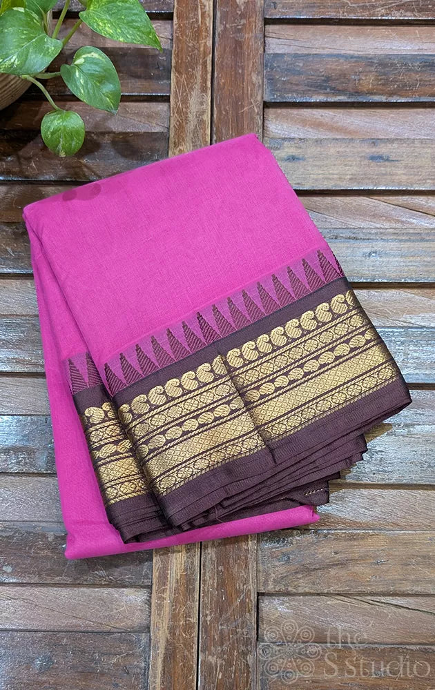 Dark pink gadwal cotton saree with brown zari border