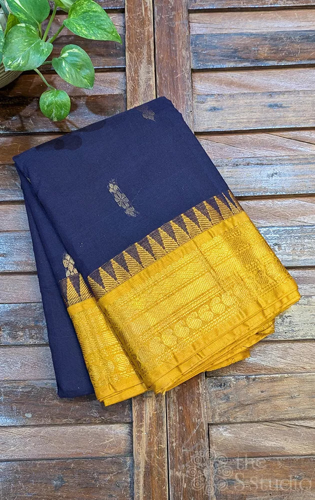 Navy blue gadwal cotton saree with mustard zari border