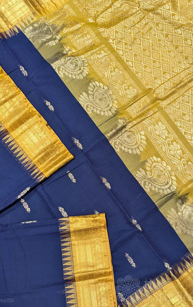 Navy blue gadwal cotton saree with mustard zari border