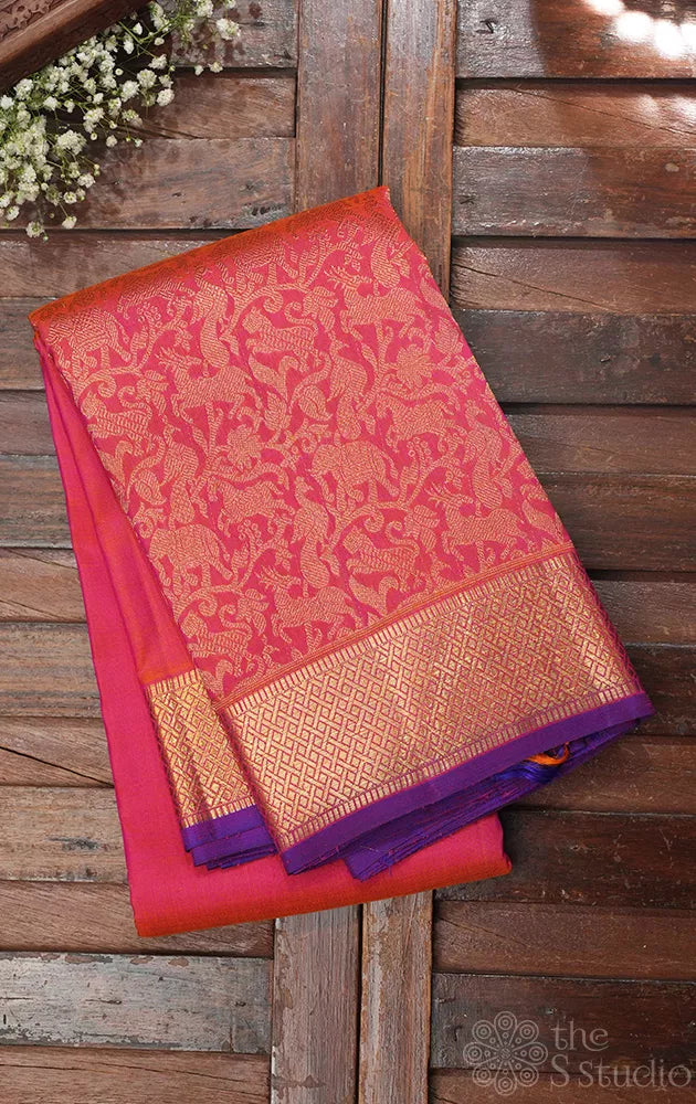 Peach kanchi silk saree with vanasingharam design and getti border