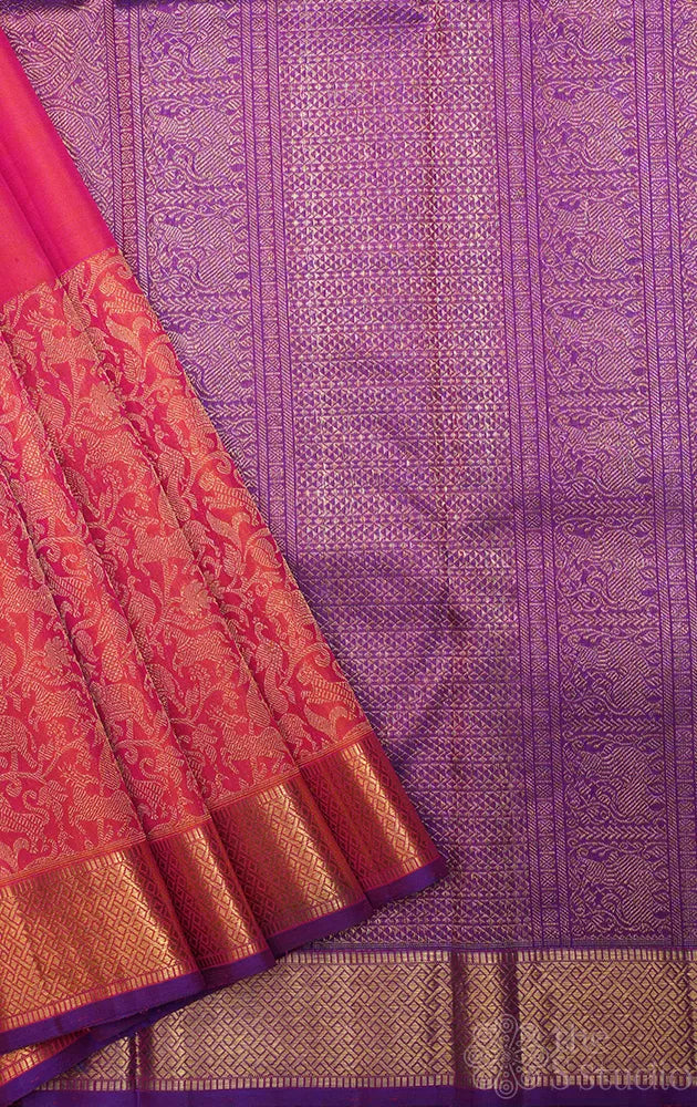 Peach kanchi silk saree with vanasingharam design and getti border
