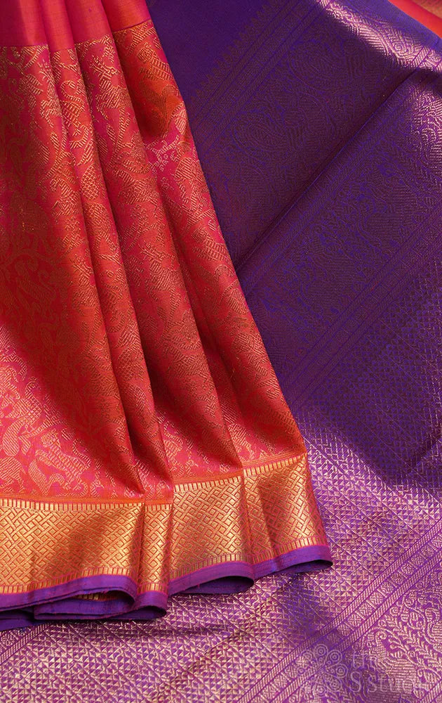 Peach kanchi silk saree with vanasingharam design and getti border