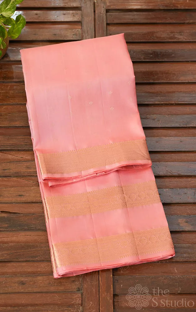 Bubble gum pink soft silk saree with zari rettaipet border