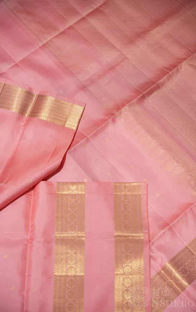 Bubble gum pink soft silk saree with zari rettaipet border