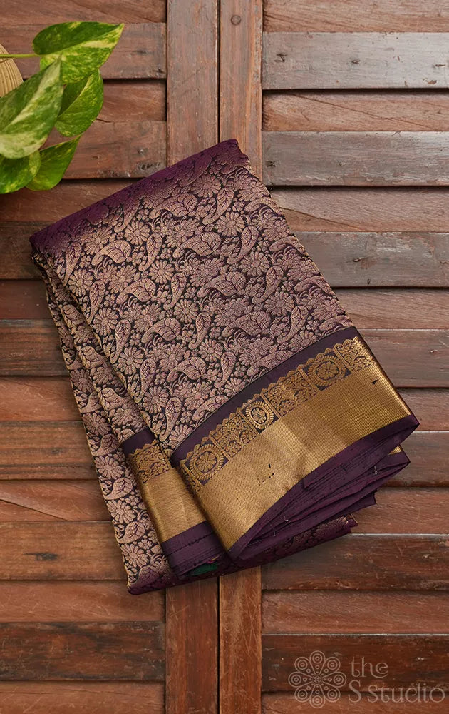 Deep purple soft silk saree with zari rich border