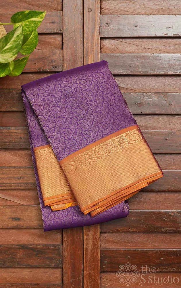 Violet soft silk saree with mustard zari border