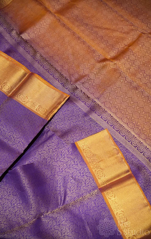 Violet soft silk saree with mustard zari border