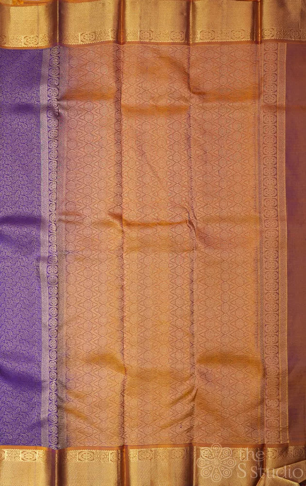 Violet soft silk saree with mustard zari border