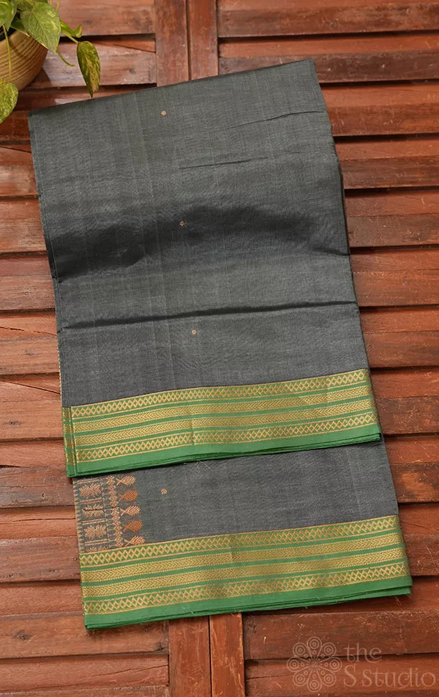 Greyish green with small border silk cotton saree with bomkai pallu