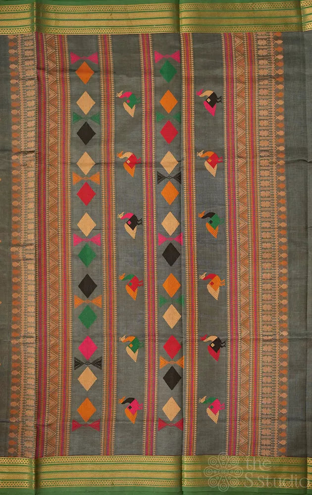 Greyish green with small border silk cotton saree with bomkai pallu