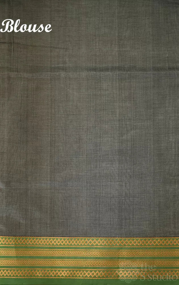 Greyish green with small border silk cotton saree with bomkai pallu