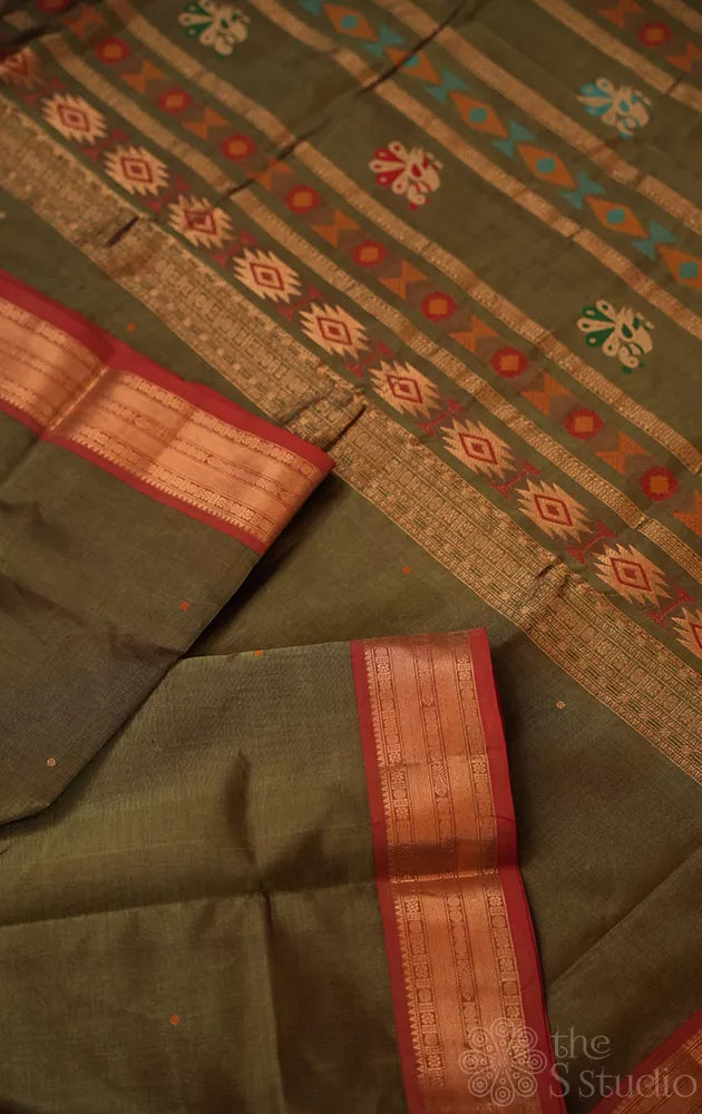 Sage green silk cotton saree with red small border with bomkai pallu