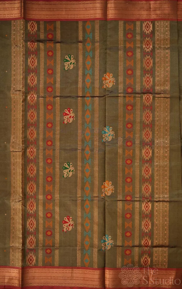 Sage green silk cotton saree with red small border with bomkai pallu