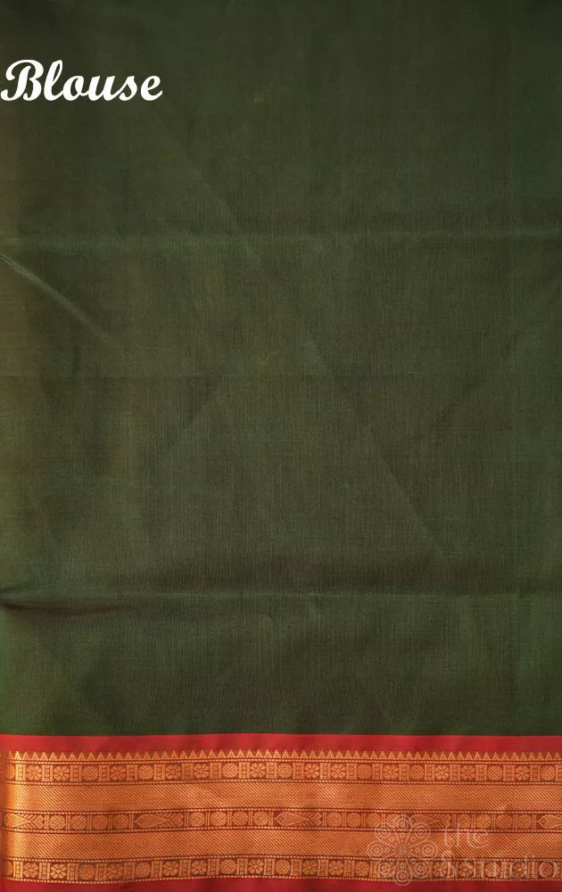 Green silk cotton saree with red zari border with bomkai pallu