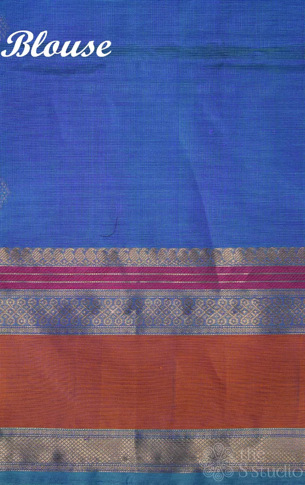 Peacock blue silk cotton saree with zari kolam butta