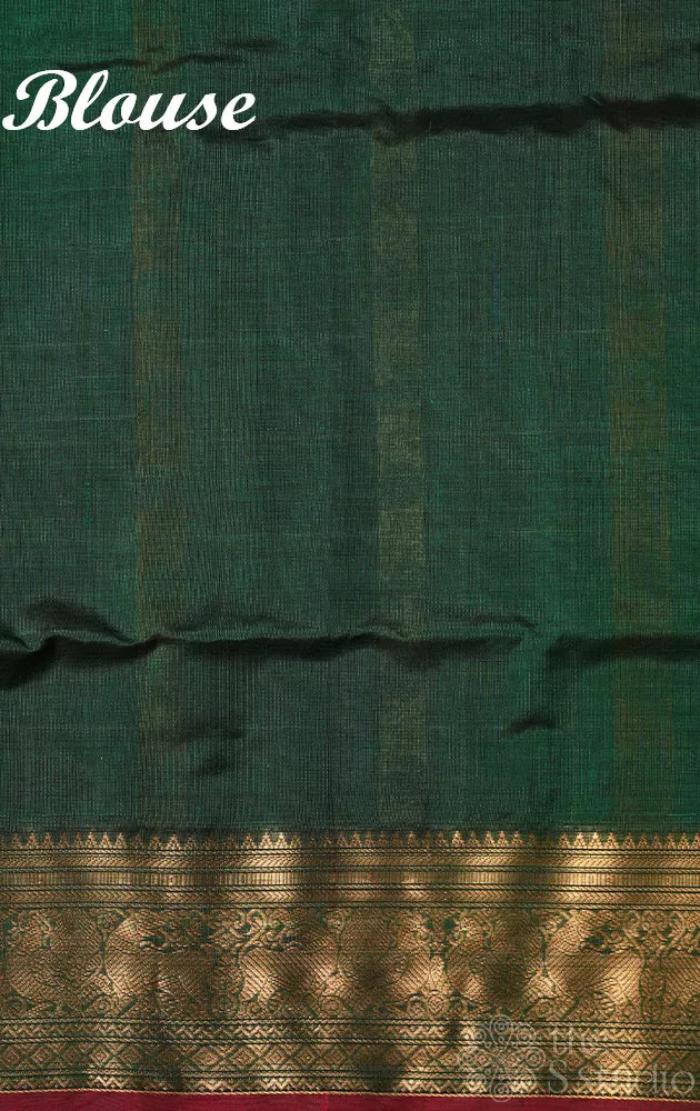 Green aayiram butta silk cotton saree with maroonish red selvedge