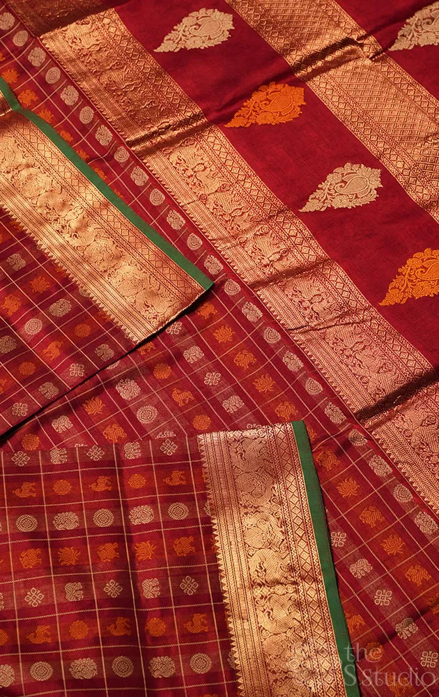 Maroon aayiram butta silk cotton saree with zari border and pallu