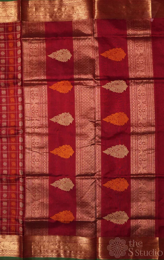 Maroon aayiram butta silk cotton saree with zari border and pallu