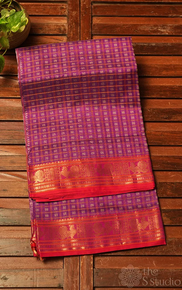 Purple lakshadeepam silk cotton saree with red border