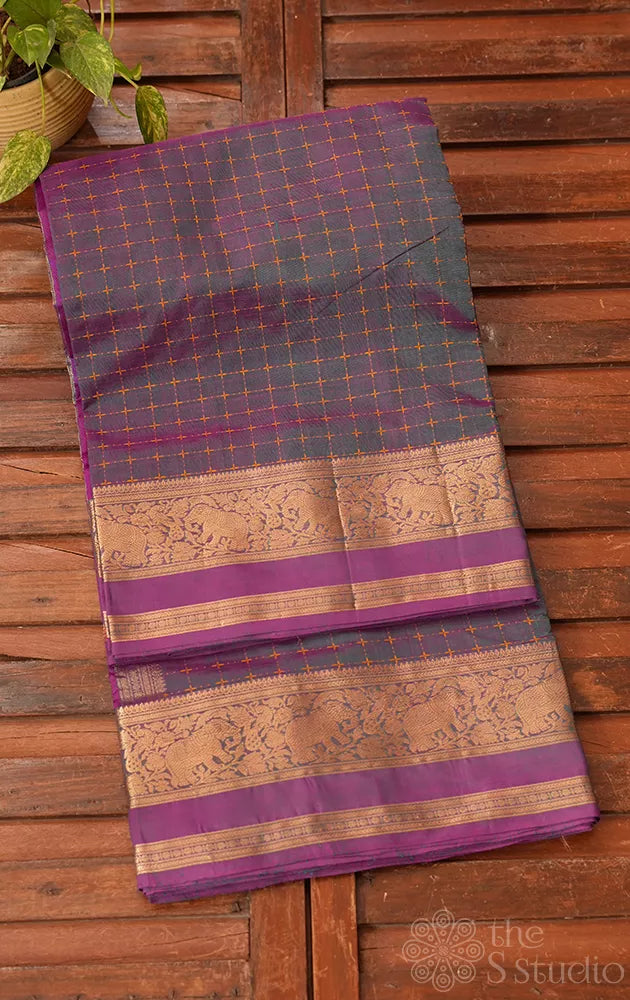 Lavender and blue threadwoven checks allover the saree