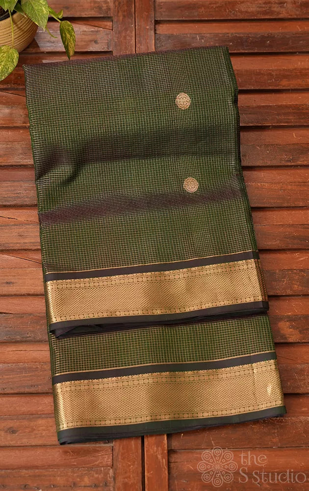 Green vairaoosi checks ten yards silk cotton saree with zari border
