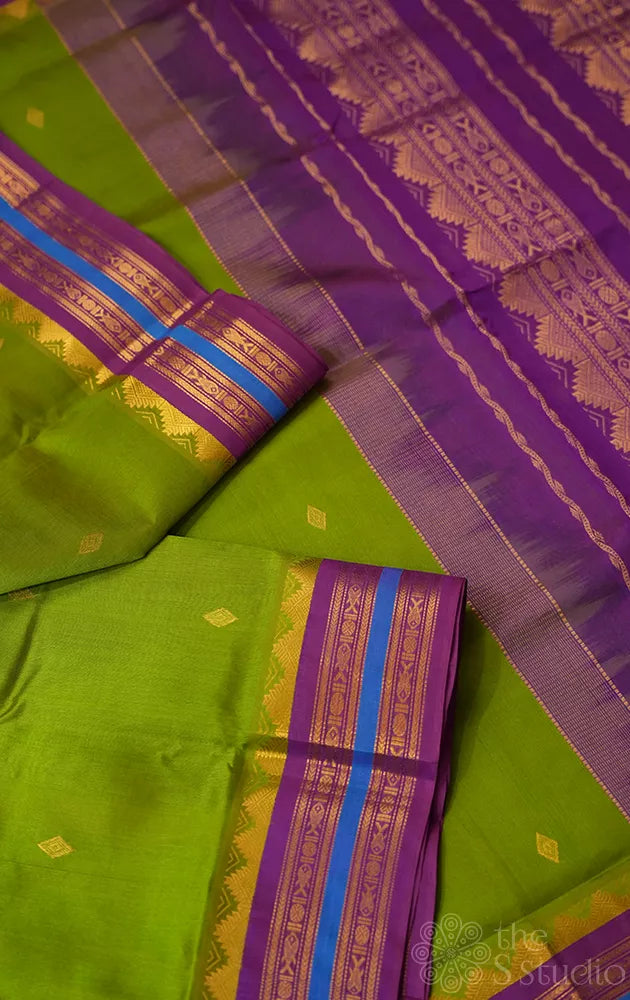 Light green silk cotton saree with korvai border