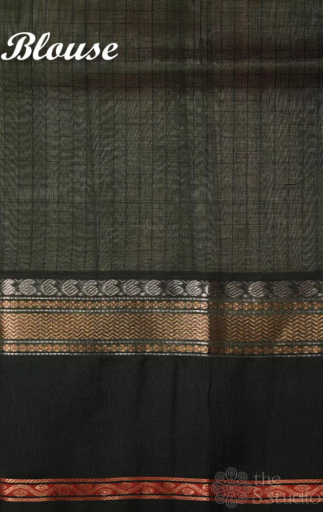 Cream colour checked silk cotton saree with dark bottle green korvai border