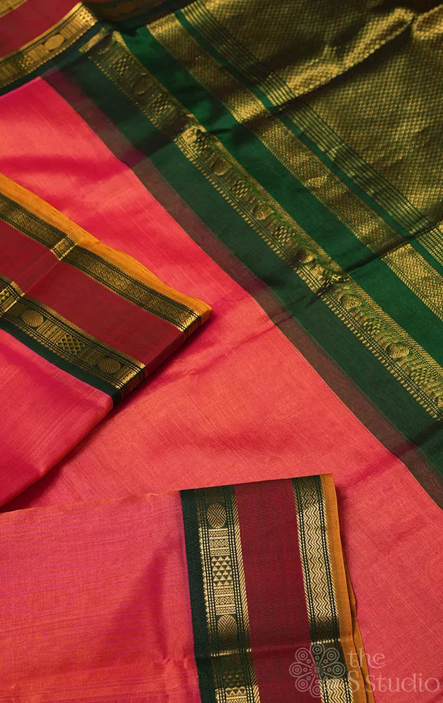 kanagabaram colour silk  cotton saree with korvai rettaipet border
