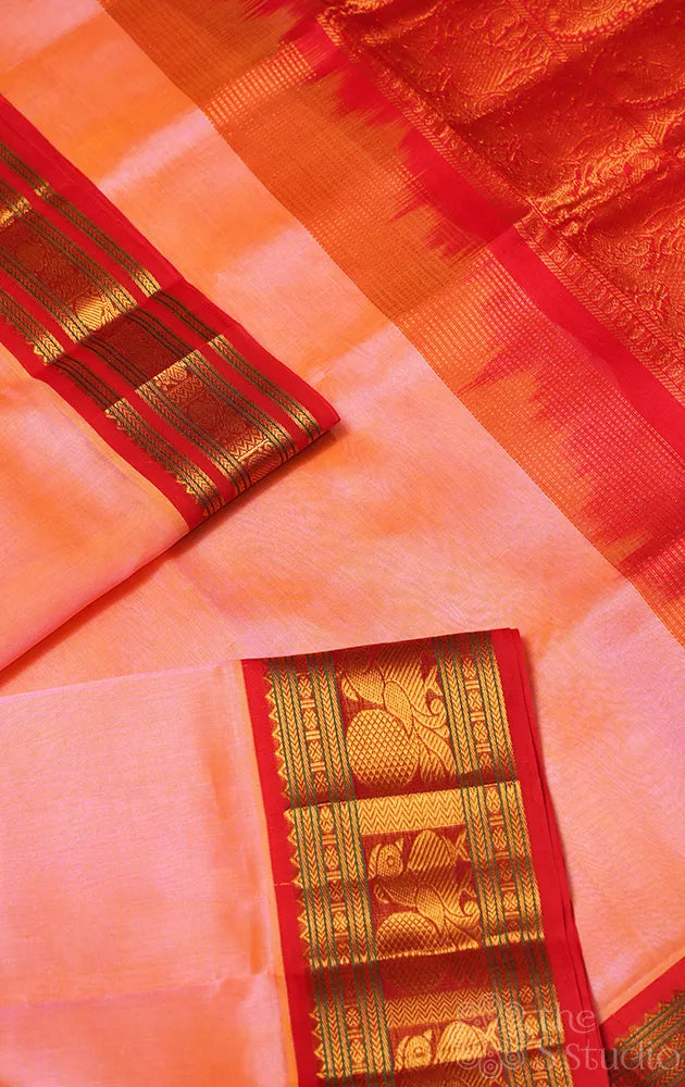 Light peach plain silk cotton saree with Red korvai border