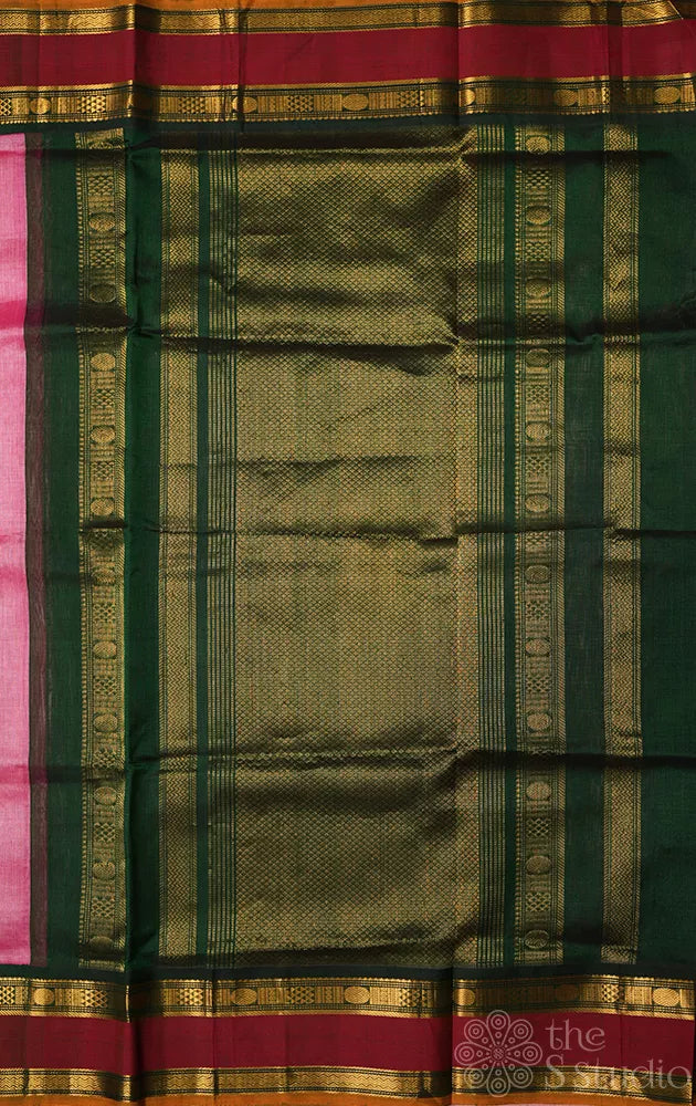 Onion pink plain silk cotton saree with green korvai border