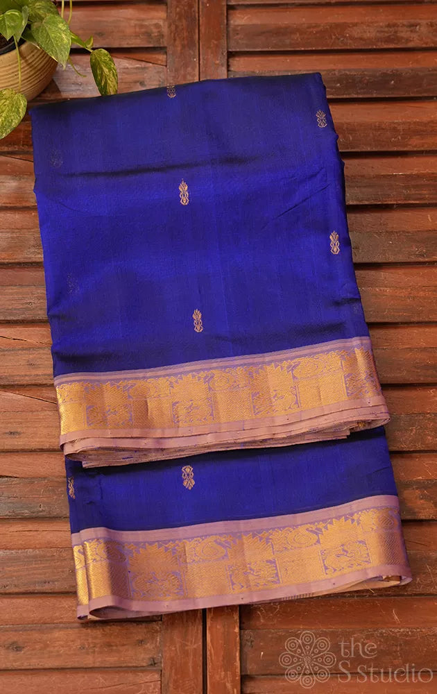 Royal blue ten yards silk cotton saree with beige zari border