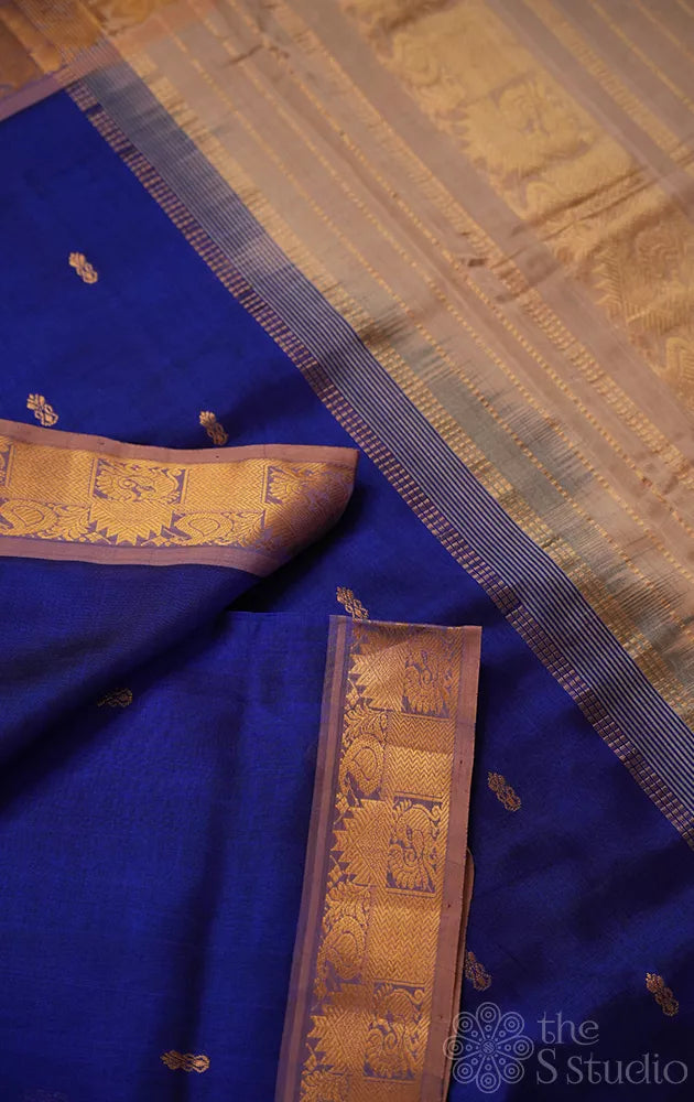 Royal blue ten yards silk cotton saree with beige zari border