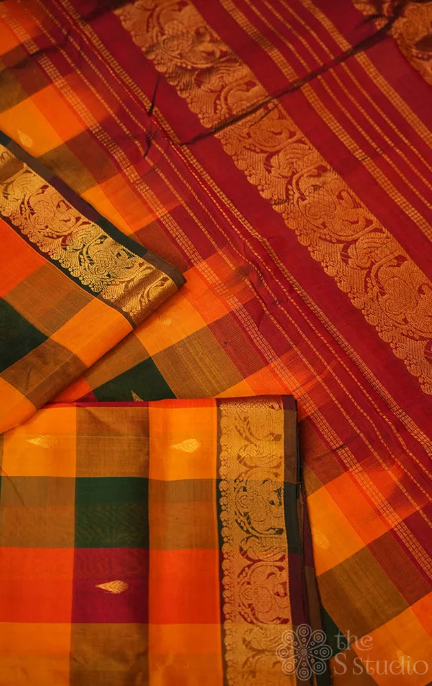 Paalum pazhamum checks ten yards silk cotton saree with red colour pallu