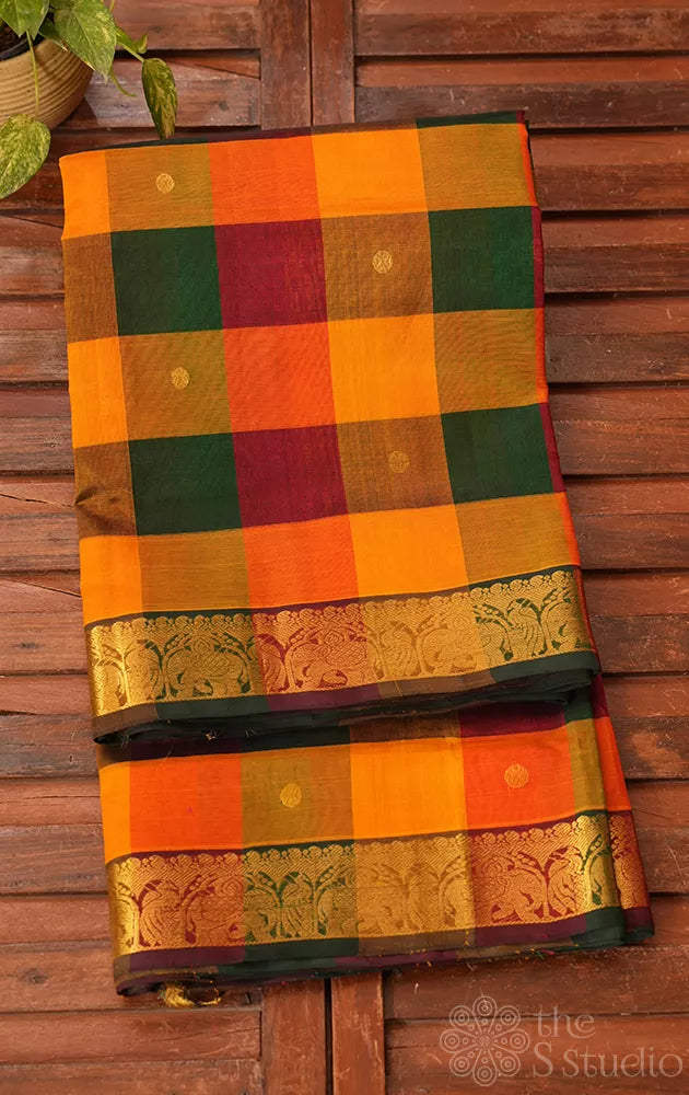 Paalum pazhamum checks ten yards silk cotton saree with zari border