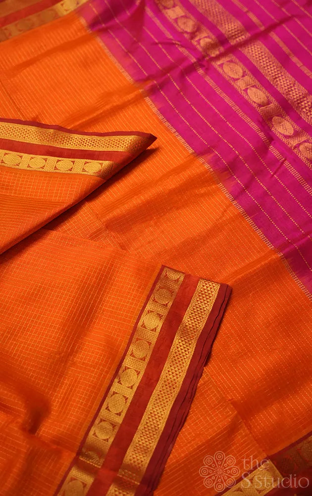 Orange zari checks ten yards silk cotton saree with rettaipet border