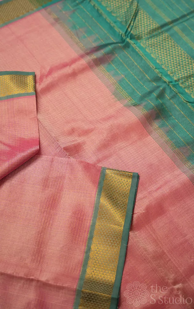 Light pink zari checks ten yards silk cotton saree with getti zari border
