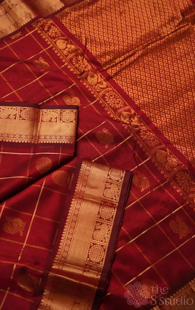 Maroon big checks ten yards silk cotton saree with zari rich pallu