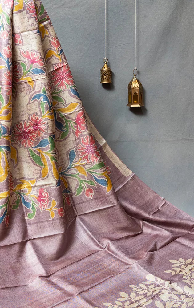 Mauve colour tussar silk saree with floral batik prints