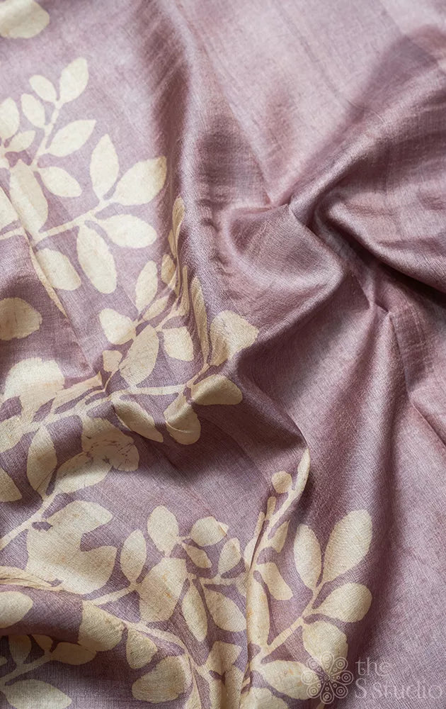 Mauve colour tussar silk saree with floral batik prints