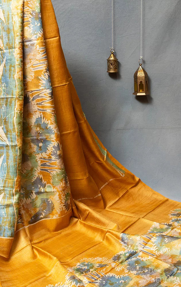 Mustard tussar silk saree with batik prints