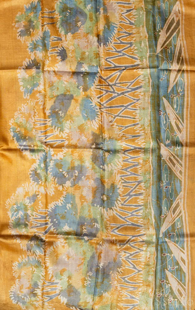 Mustard tussar silk saree with batik prints