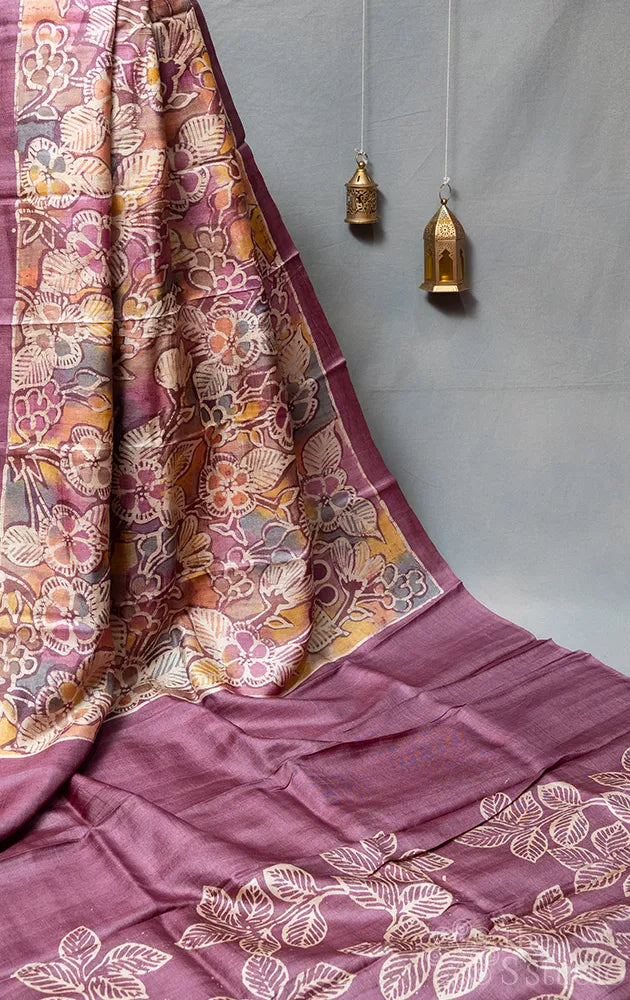 Light purple tussar silk saree with batik prints