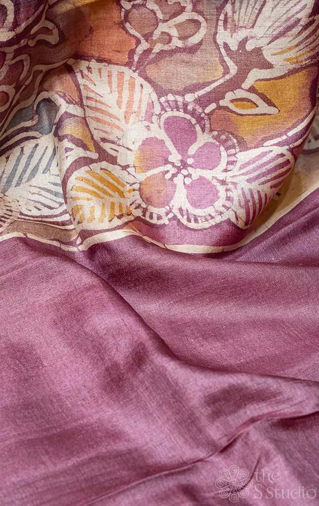 Light purple tussar silk saree with batik prints