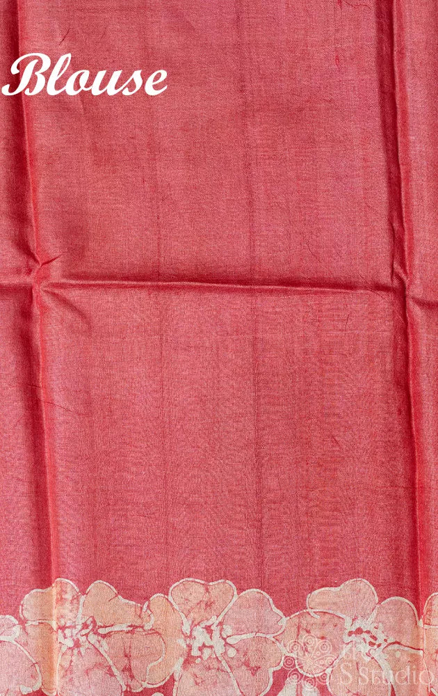 Tomato red tussar silk saree with batik prints