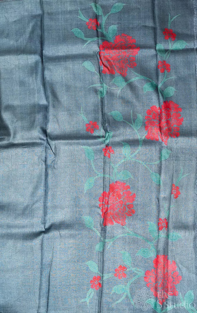 Grey borderless tussar silk saree with floral prints