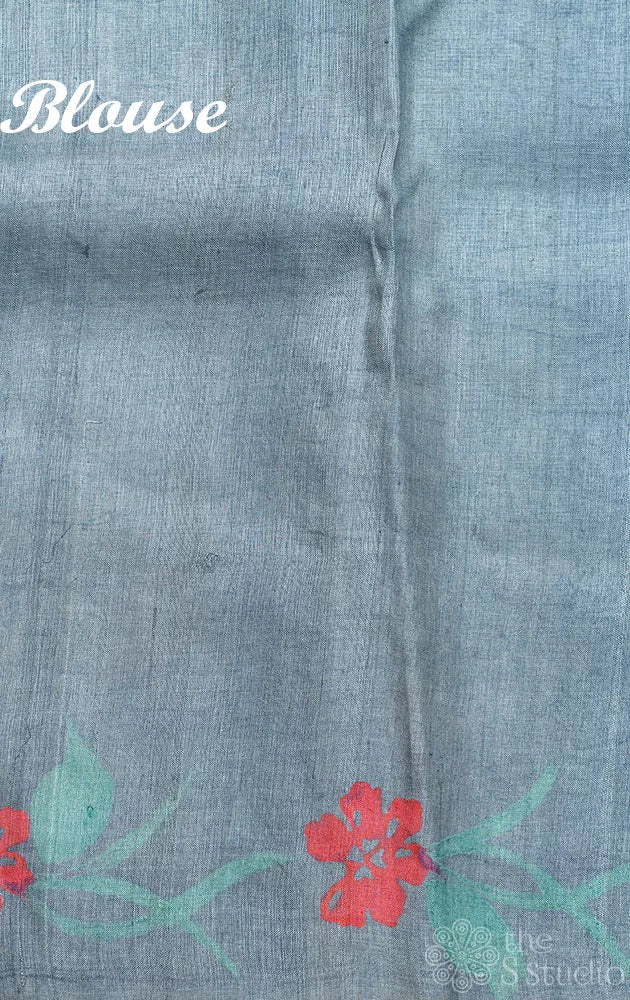 Grey borderless tussar silk saree with floral prints