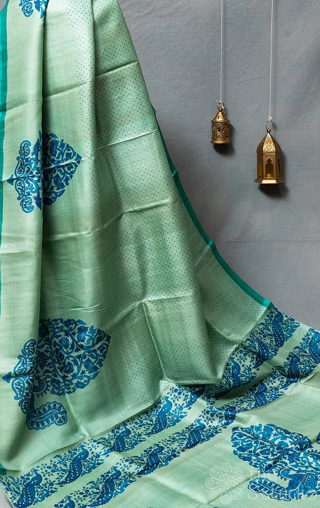 Light green tussar silk saree with blue prints