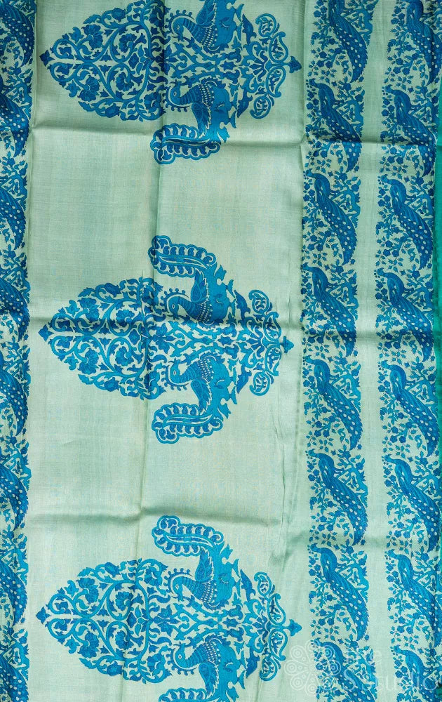 Light green tussar silk saree with blue prints
