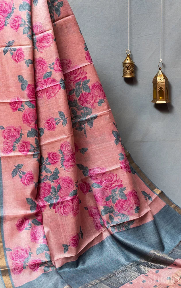 Light pink tussar silk saree with pink and grey prints